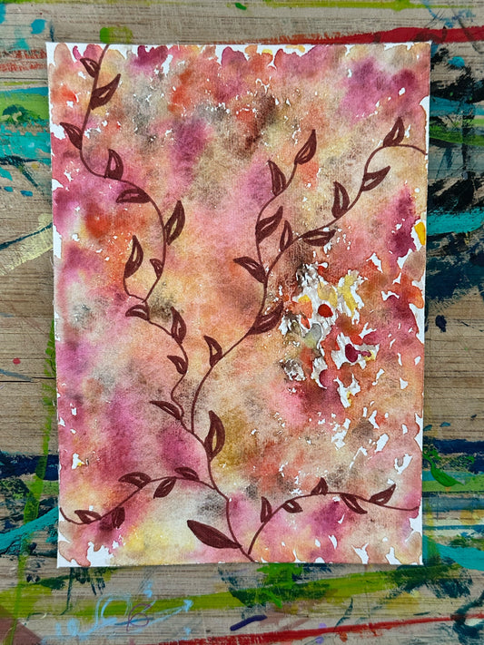 Watercolor by Emmy Spoon with fall colors and leaves.