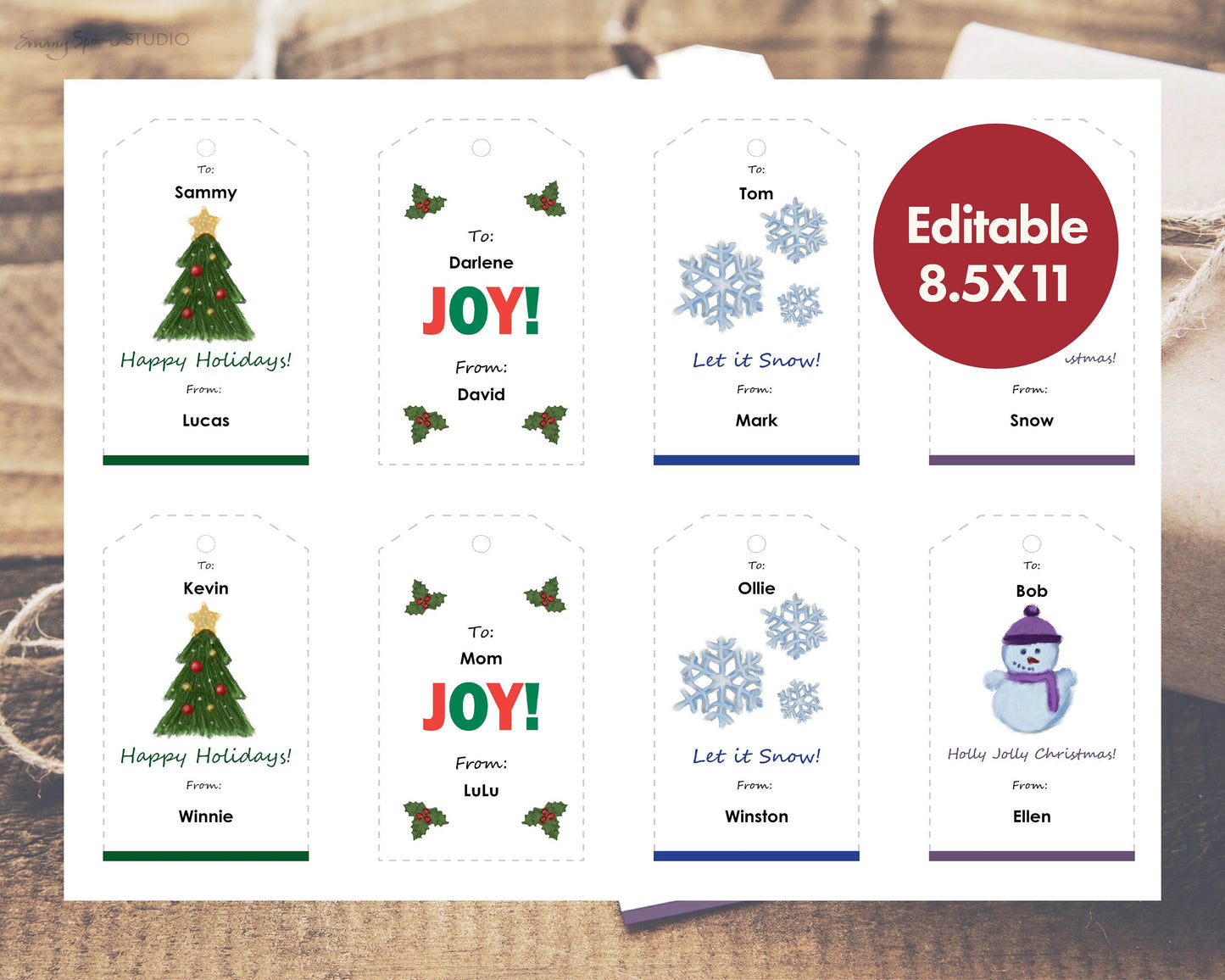 Editable Holiday Gift Tags PDF Editable Instant Download by Emmy Spoon Studio Editable 8.5x11