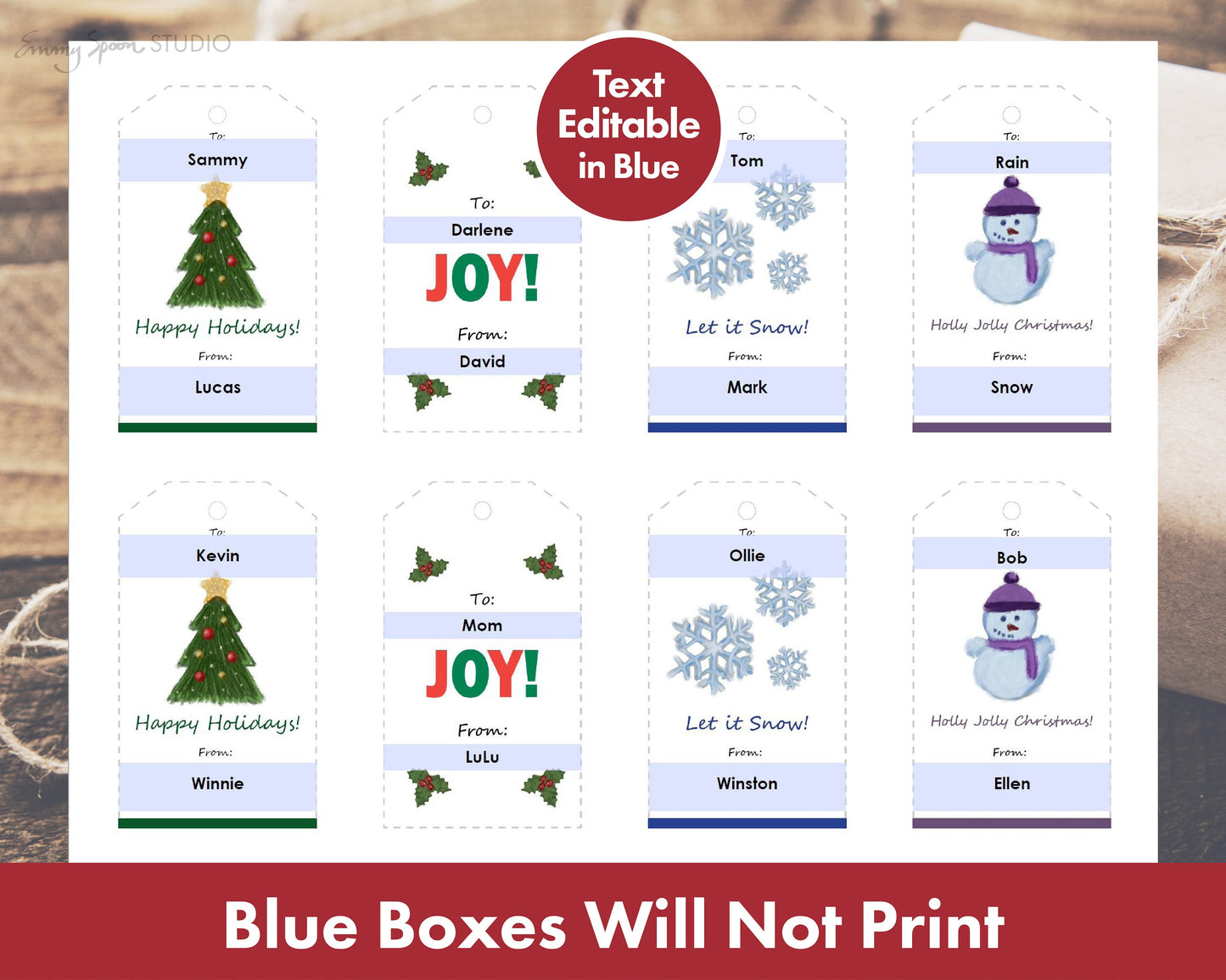 Editable Holiday Gift Tags PDF Editable Instant Download by Emmy Spoon Studio Text Editable in Blue, Blue Boxes will not print