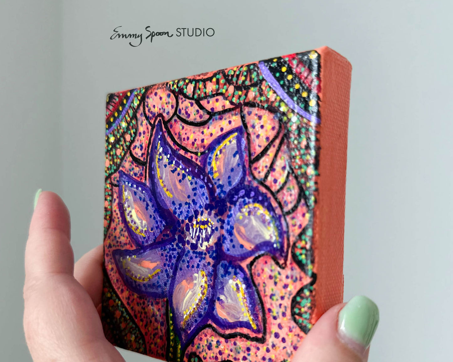 Indigo Serenity - 4x4 Inch Acrylic Floral Painting on Canvas | Calming Blue Flowers with a Tranquil Backdrop | Hand-Painted Floral Art by Emmy Spoon.