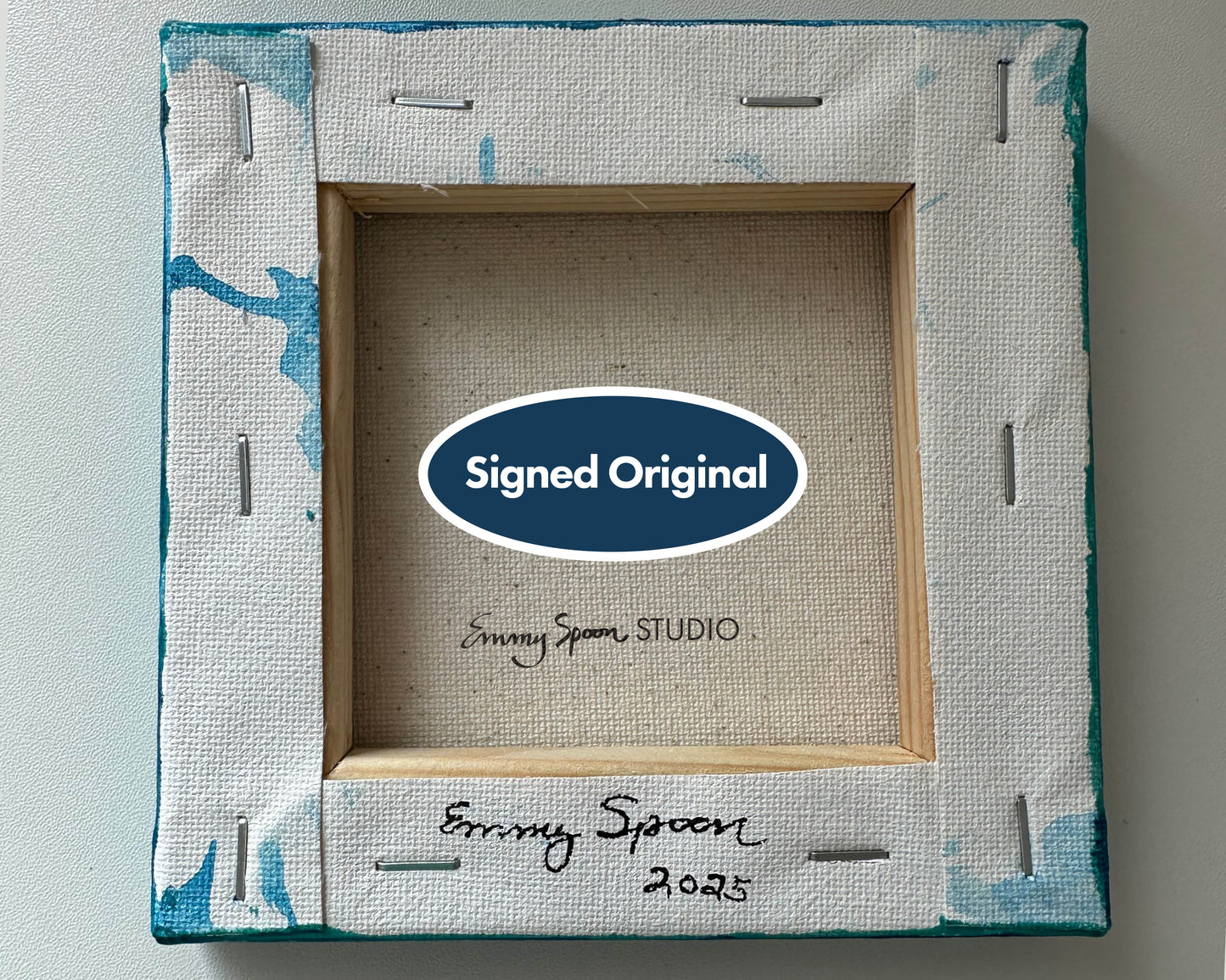 Gilded Branch - 5x5 Inch Acrylic Botanical Painting on Canvas | Teal Textured Background with Gold Accents | Hand-Painted Art by Emmy Spoon