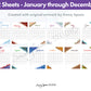 12 Sheets - January through December. Created with original artwork by Emmy Spoon.