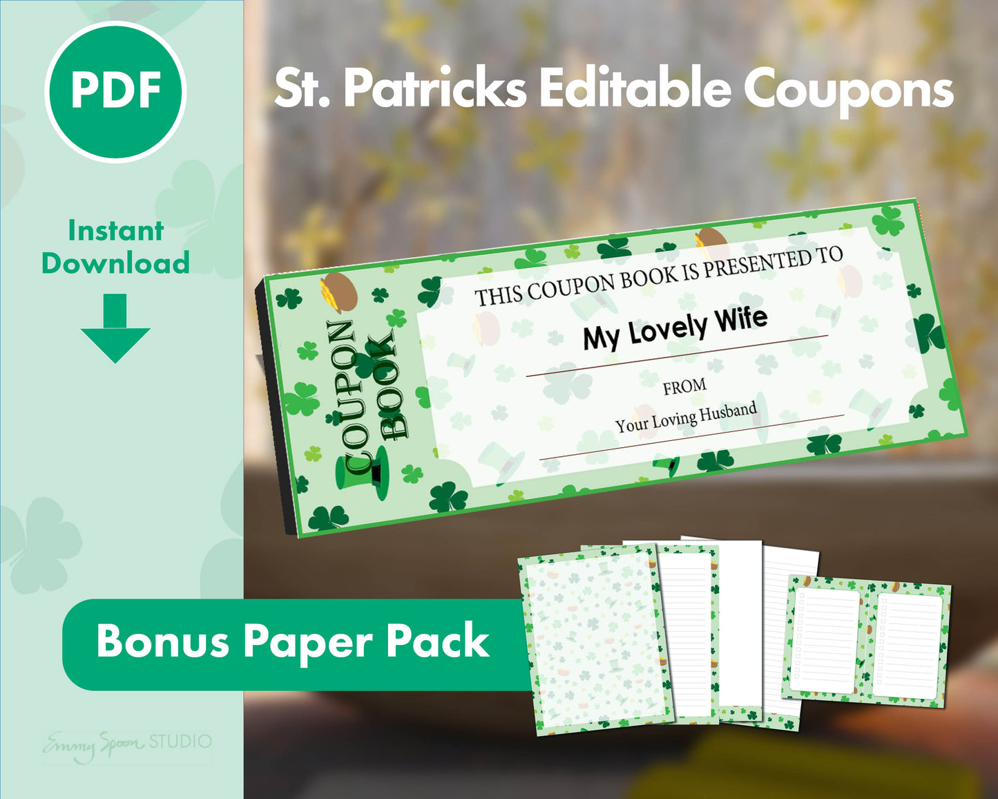 St Patrick’s Day Editable Coupons with Bonus Digital Paper Pack, Personalized Coupons, Printable Paper, Stationary, Letterhead