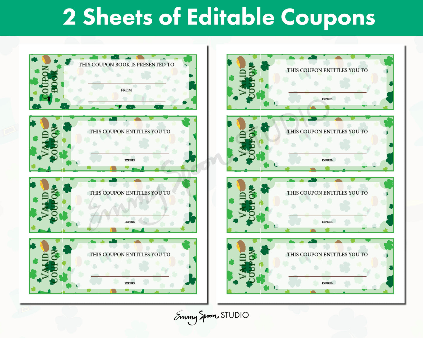 St Patrick’s Day Editable Coupons with Bonus Digital Paper Pack, Personalized Coupons, Printable Paper, Stationary, Letterhead