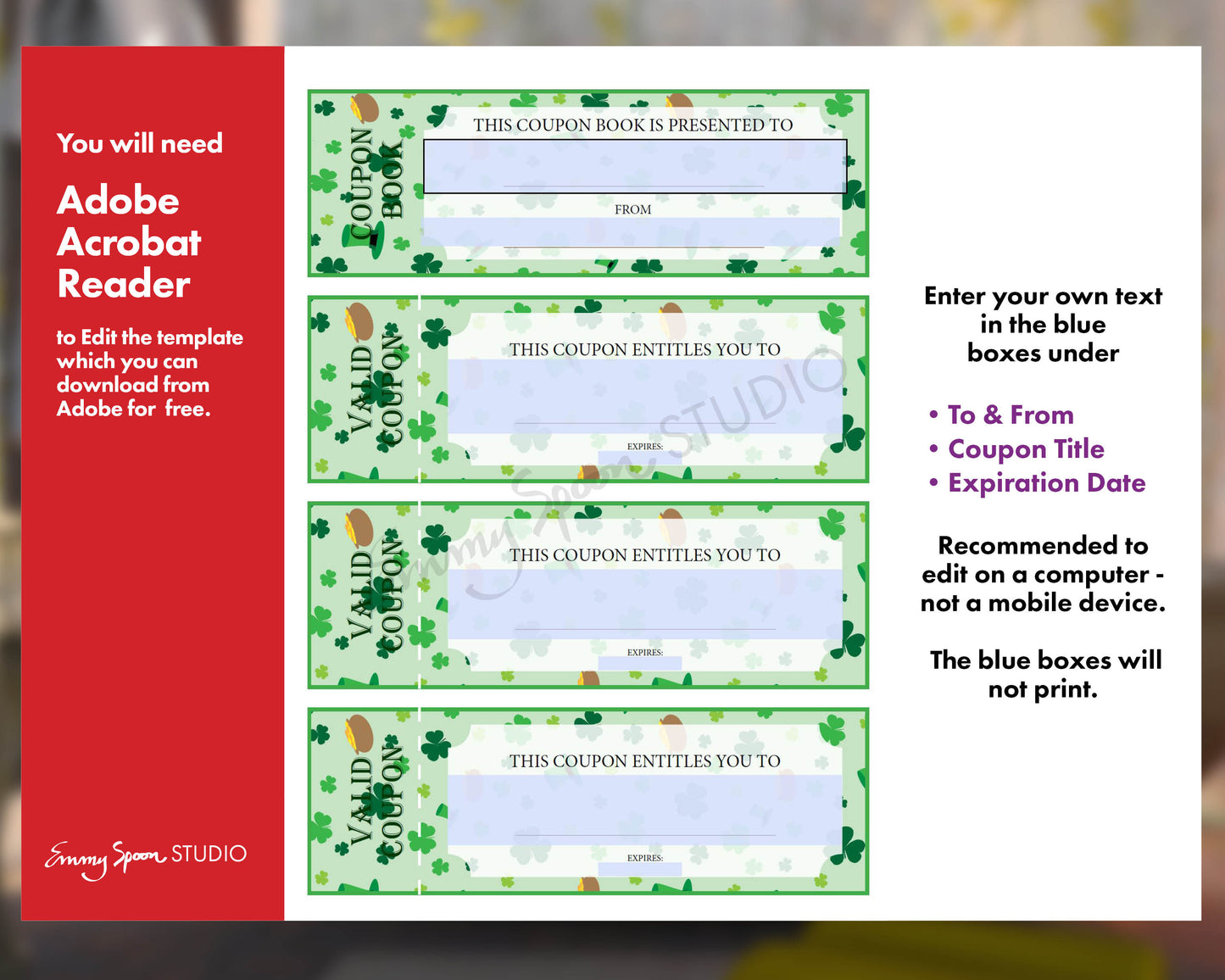 St Patrick’s Day Editable Coupons with Bonus Digital Paper Pack, Personalized Coupons, Printable Paper, Stationary, Letterhead