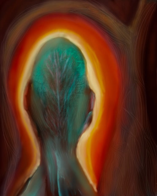 Abstract artwork featuring a teal-blue figure viewed from behind, surrounded by a glowing orange halo-like form against a dark background.