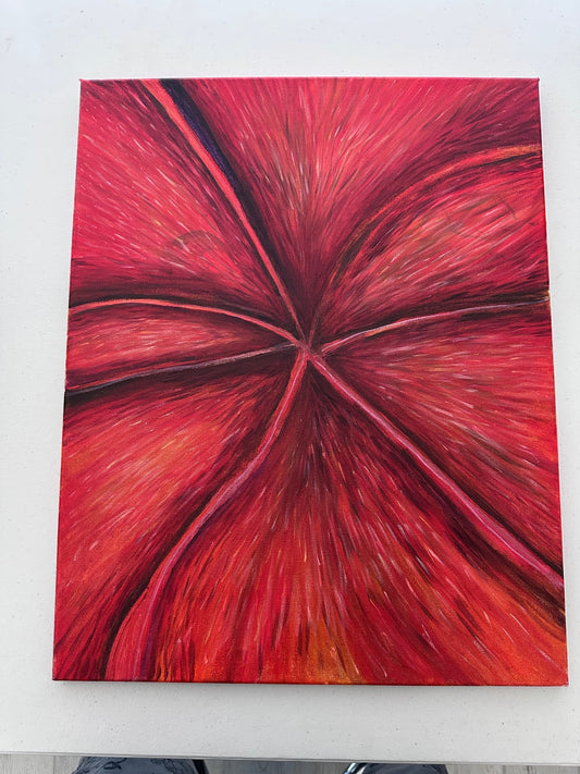 Emmy Spoon painting in progress of red centered background