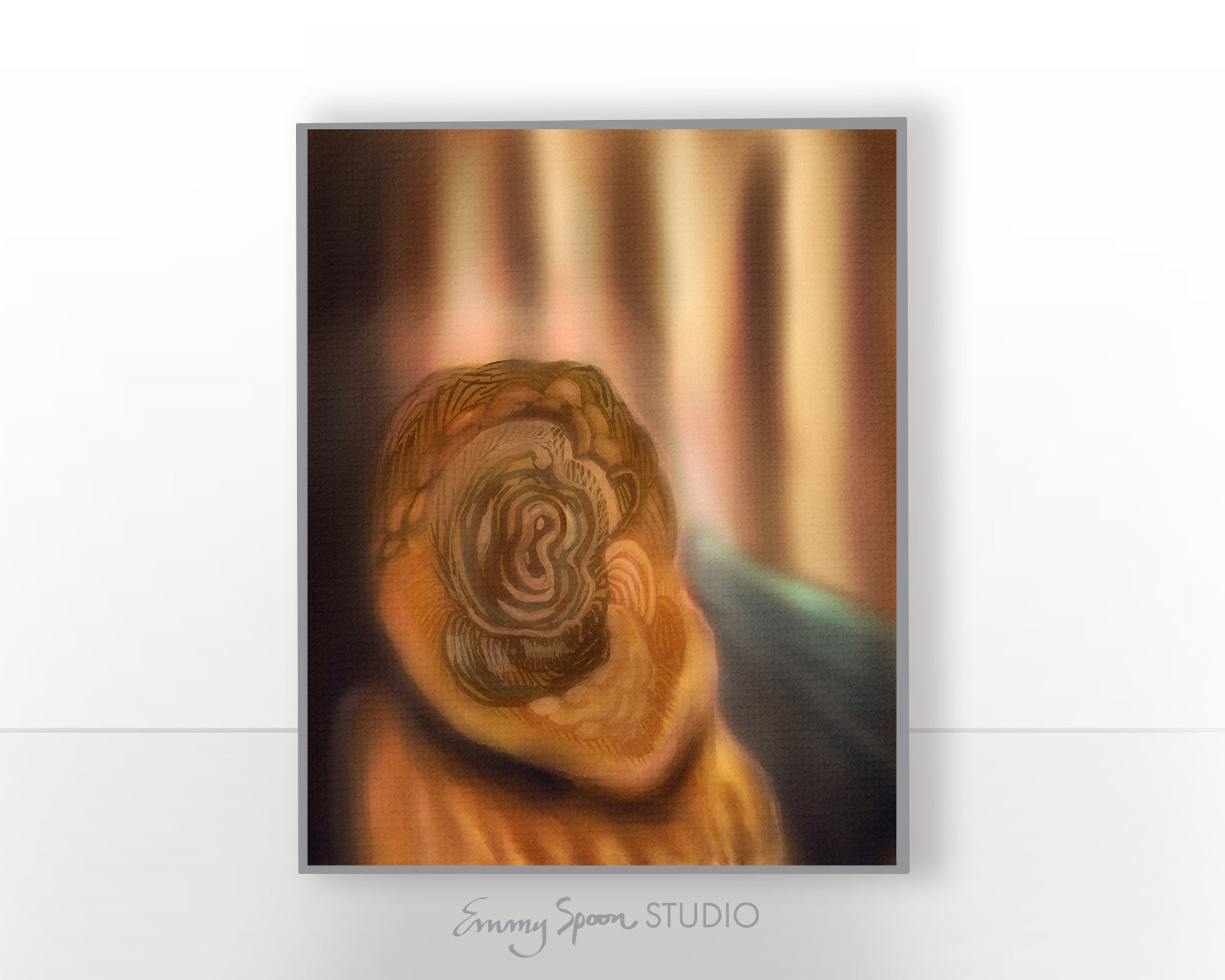 Faceless abstract fine art print featuring a softly illuminated figure with layered organic linework replacing facial features in warm neutral tones.