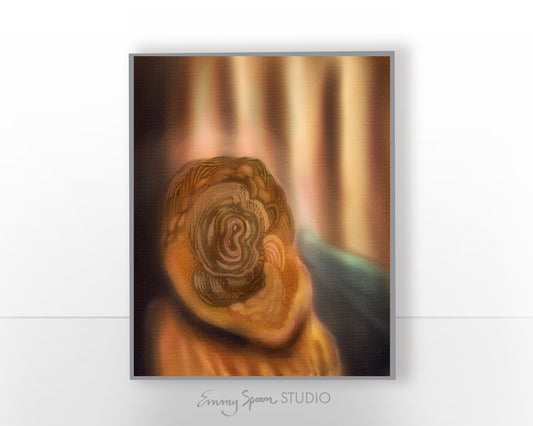 Faceless abstract fine art print featuring a softly illuminated figure with layered organic linework replacing facial features in warm neutral tones.