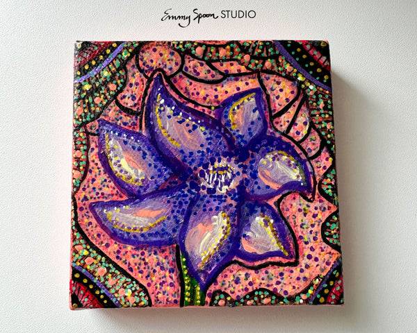Indigo Serenity - 4x4 Inch Acrylic Floral Painting on Canvas | Calming Blue Flowers with a Tranquil Backdrop | Hand-Painted Floral Art by Emmy Spoon.