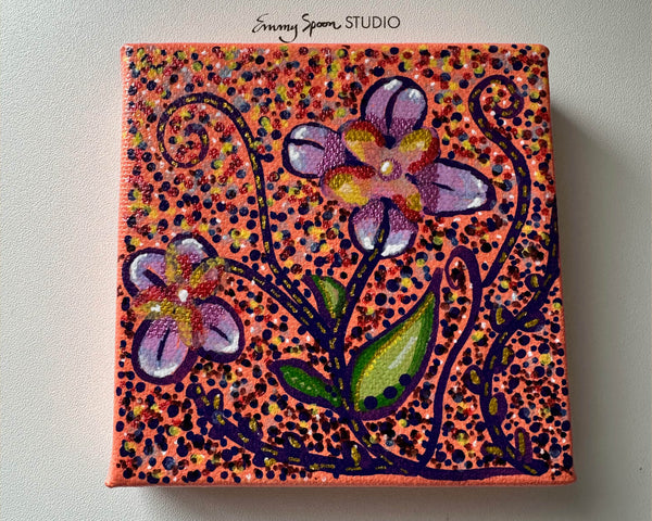 Purple Whimsy - 4x4 Inch Acrylic Floral Painting on Canvas | Vibrant Purple Blooms with Coral Backdrop | Hand-Painted Floral Art