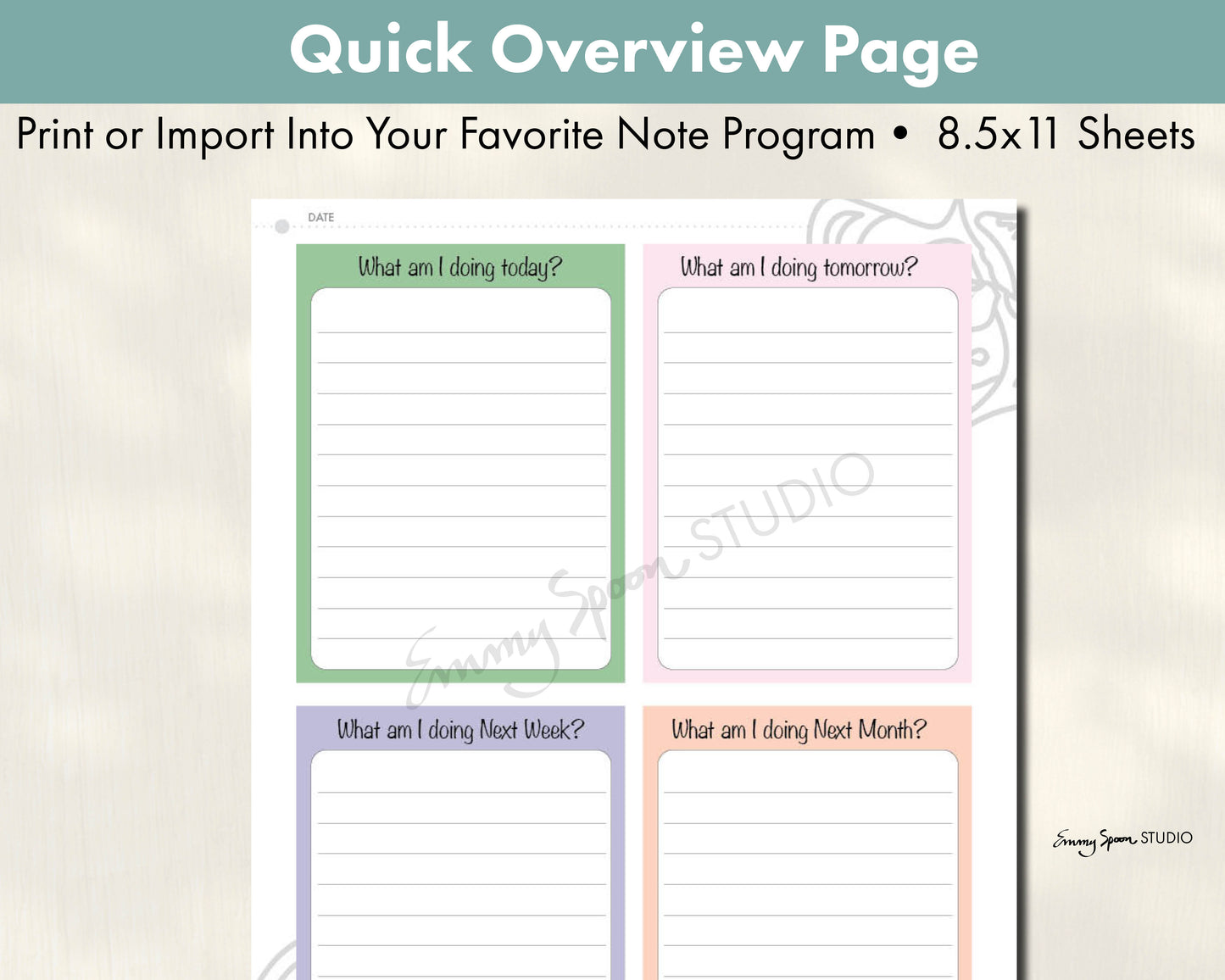 Quick Overview Page - Print or Import Into Your Favorite Note Program - 8.5x 11 Sheets by Emmy Spoon Studio