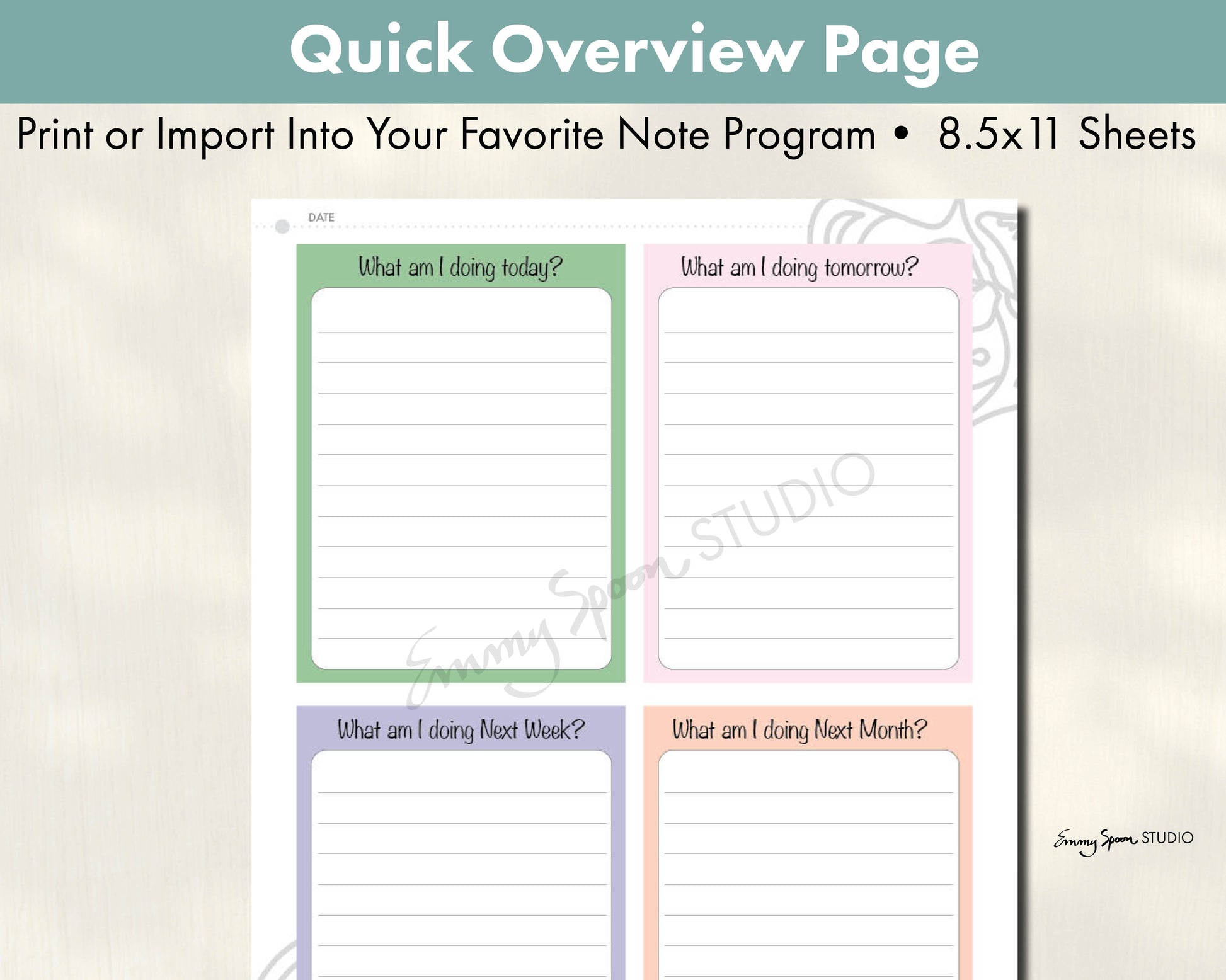 Quick Overview Page - Print or Import Into Your Favorite Note Program - 8.5x 11 Sheets by Emmy Spoon Studio