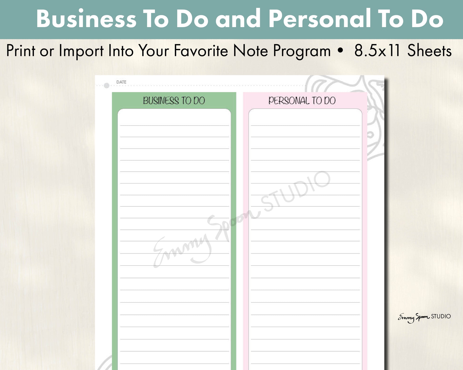 Business To Do and Personal To Do - Print or Import Into Your Favorite Note Program - 8.5x11 Sheets by Emmy Spoon Studio