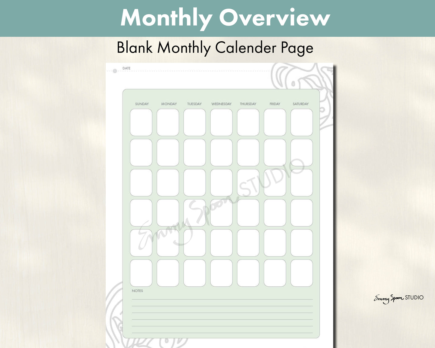 Monthly Overview - Blank Monthly Calendar Page - by Emmy Spoon Studio