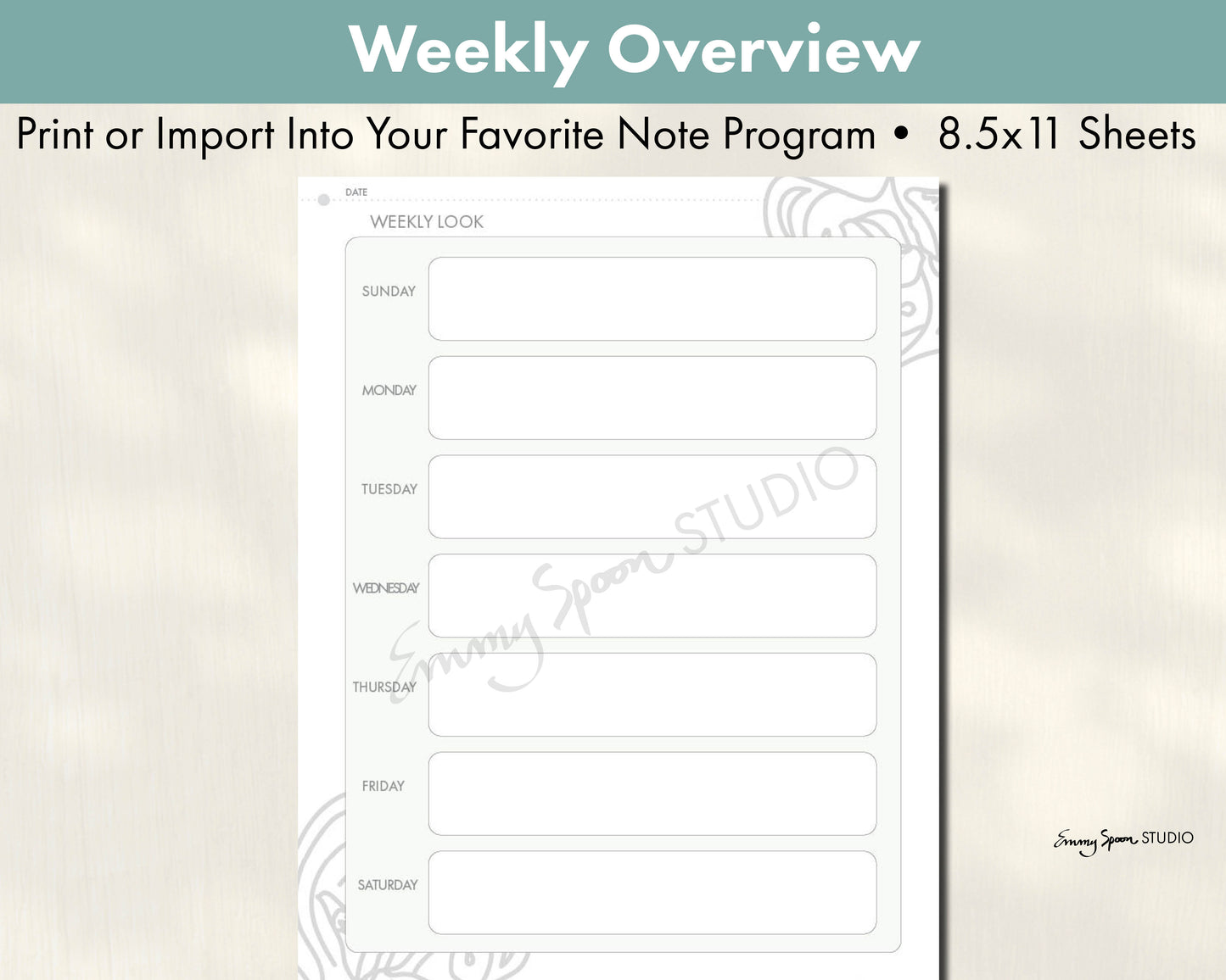 Weekly Overview - Print or Import Your Favorite Note Program - 8.5x11 Sheets - by Emmy Spoon Studio