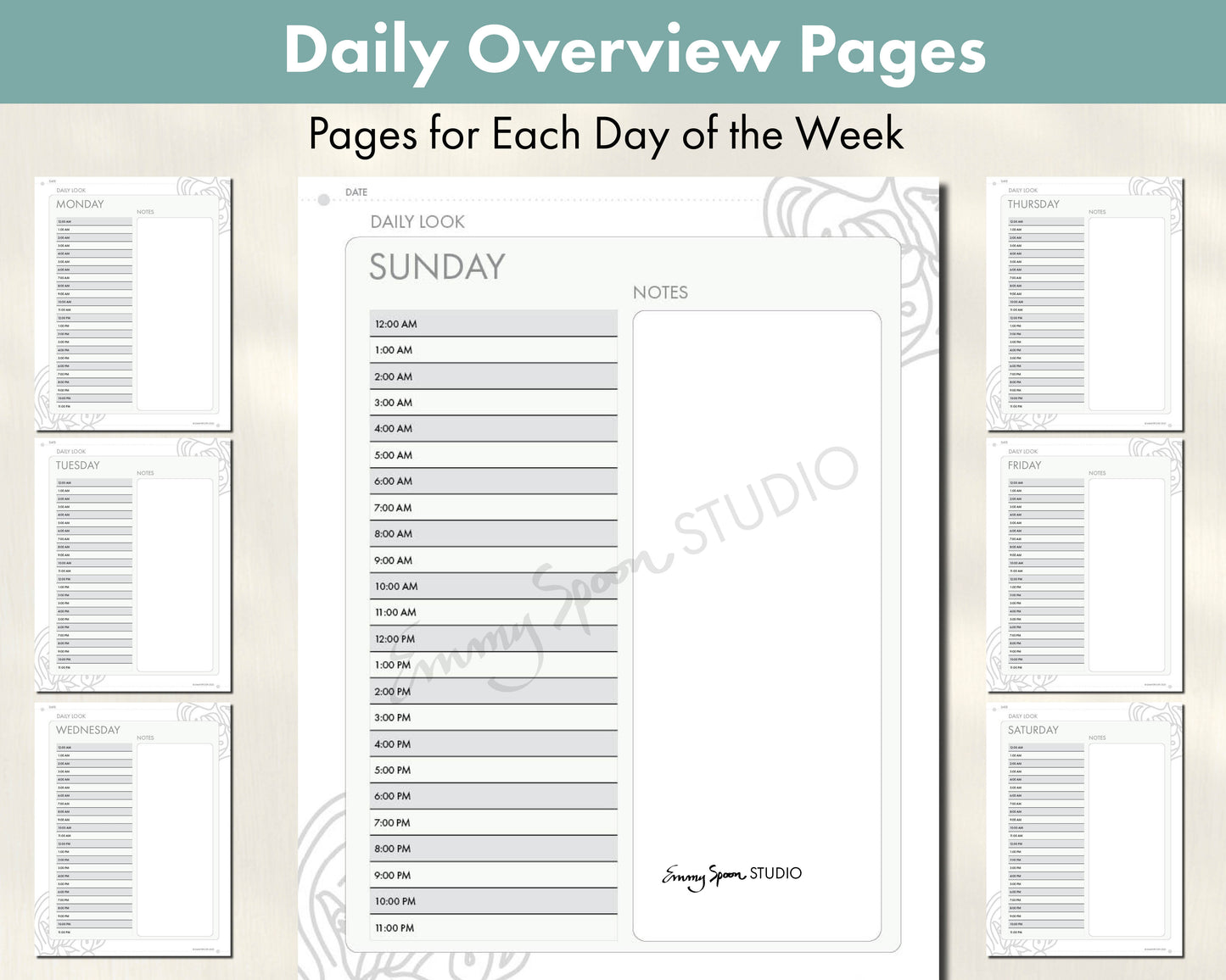 Daily Overview Pages - Pages for Each Day of the week - Sunday, Monday, Tuesday, Wednesday, Thursday, Friday, Saturday, by Emmy Spoon Studio