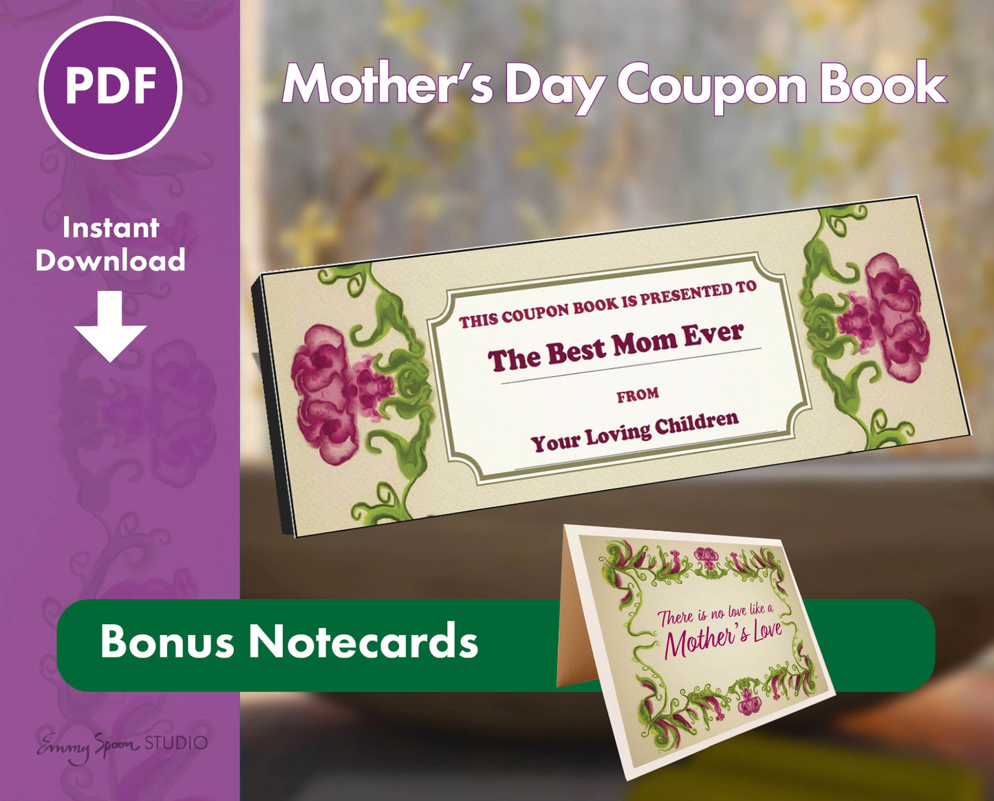 Mother's Day Editable Coupons with Bonus Blank Notecards, Personalized Coupons, Digital Download