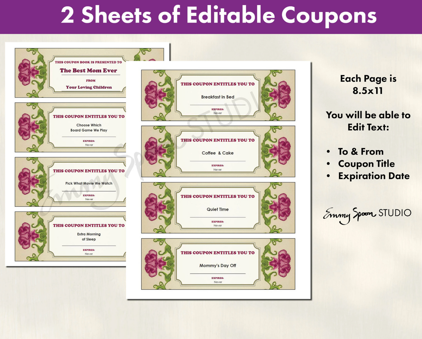 Mother's Day Editable Coupons with Bonus Blank Notecards, Personalized Coupons, Digital Download