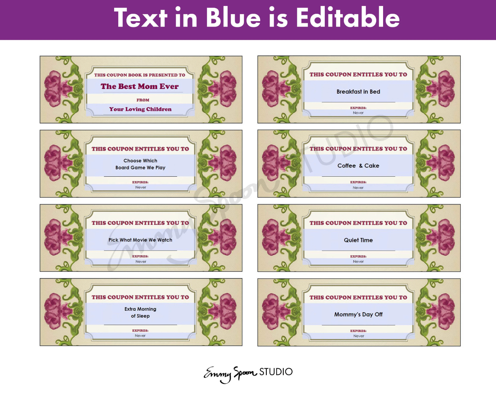 Mother's Day Editable Coupons with Bonus Blank Notecards, Personalized Coupons, Digital Download