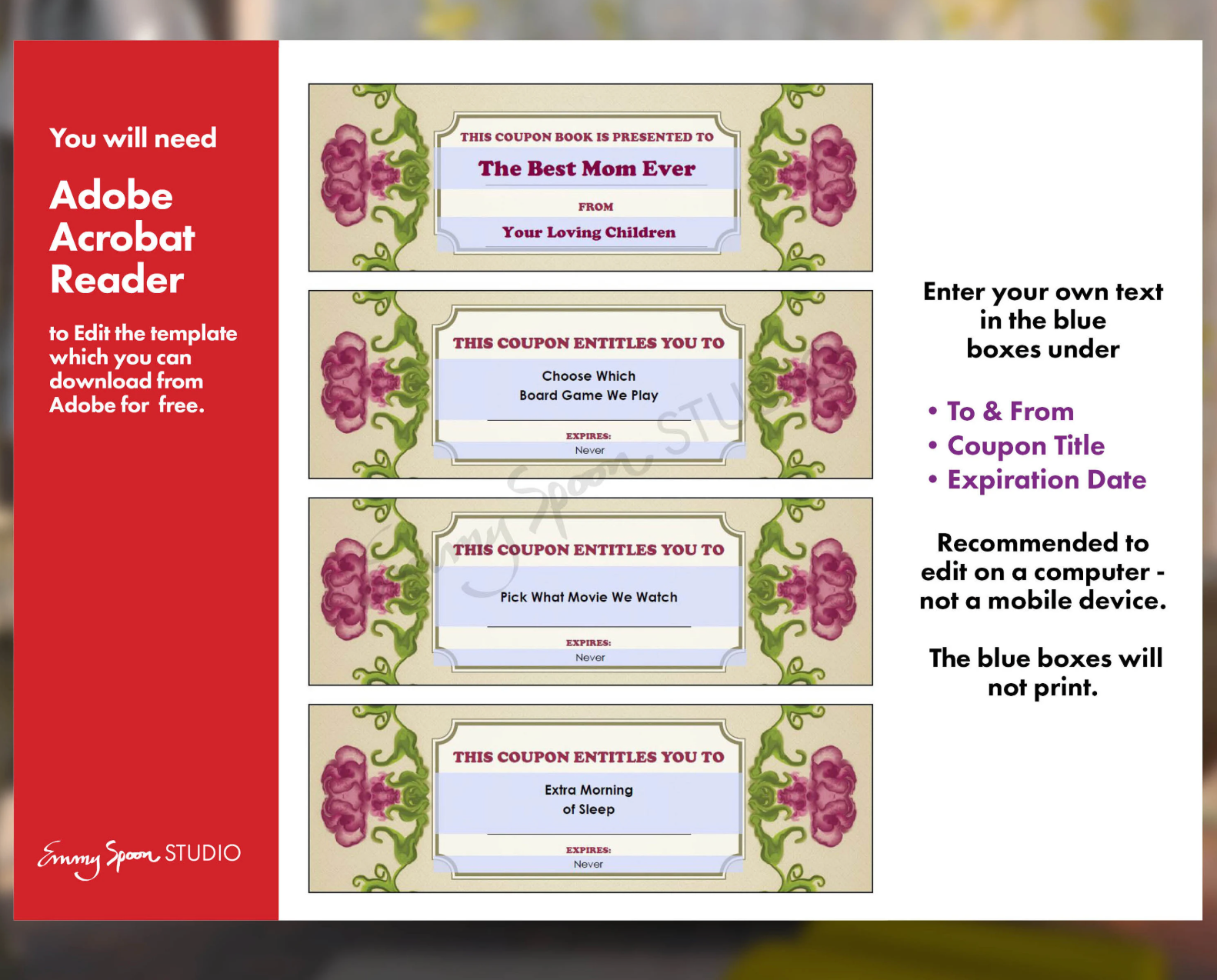 Mother's Day Editable Coupons with Bonus Blank Notecards, Personalized Coupons, Digital Download