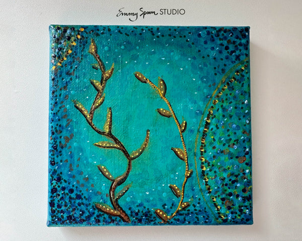 Gilded Branch - 5x5 Inch Acrylic Botanical Painting on Canvas | Teal Textured Background with Gold Accents | Hand-Painted Art by Emmy Spoon