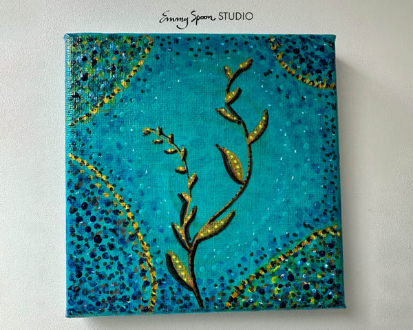 Copperleaf Serenity - 5x5 Inch Acrylic Botanical Painting on Mini Canvas | Teal Textured with Gold Accents | Hand-Painted Art by Emmy Spoon
