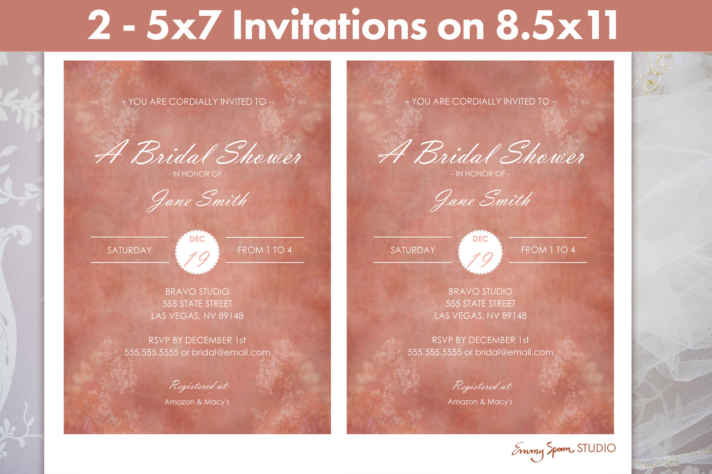 2 5x7 Invitations printed on 8.5x11 example shown.