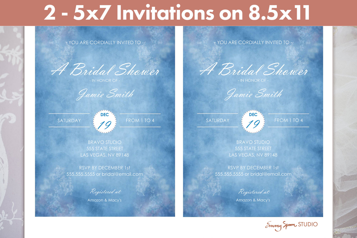 2 5x7 Invitations printed on 8.5x11 example shown.