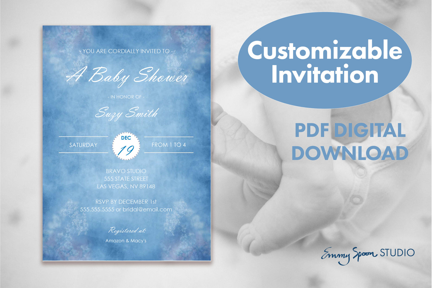 Customizable Invitation shows baby shower example. PDF Digital Download by Emmy Spoon Studio