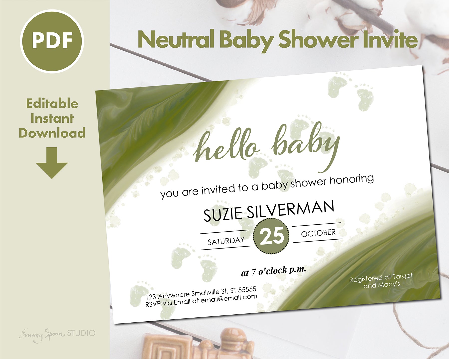 Neutral Baby Shower Invite - Editable PDF Instant Download.