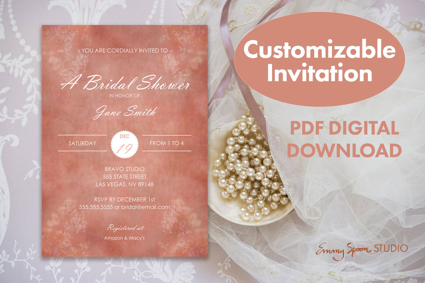 Customizable Invitation shows bridal shower example. PDF Digital Download by Emmy Spoon Studio