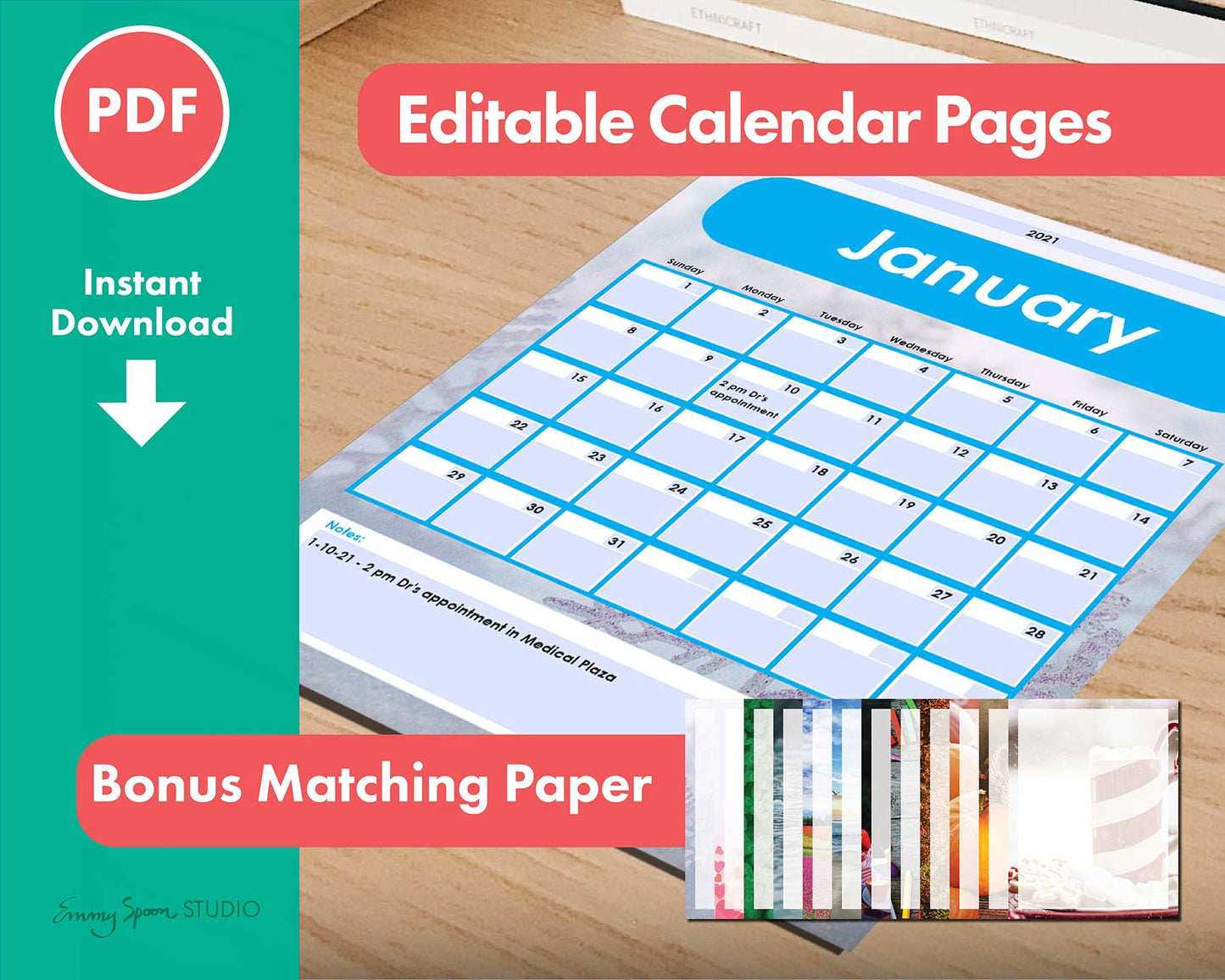 Blank Editable Calendar Download with Bonus Paper Pack