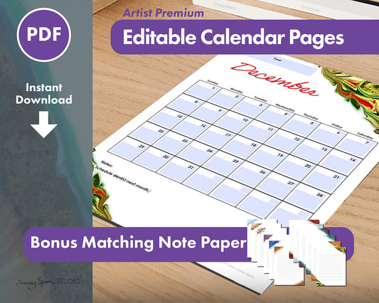 Artist Premium Editable Calendar Pages with Bonus Matching Note Paper. PDF Instant Download.