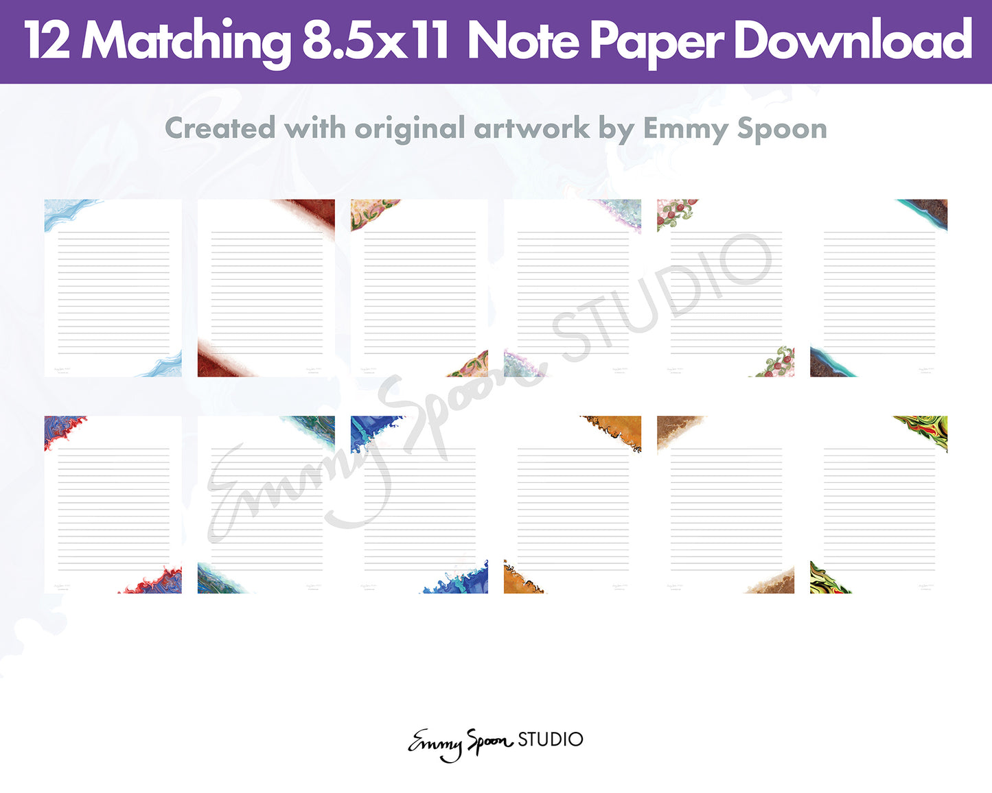 12 Matching 8.5 x11 Note Paper Download Created with original artwork by Emmy Spoon