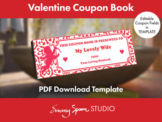 Valentine Coupon Book "This Coupon Book is Presented to My Lovely Wife "From Your loving husband", Emmy Spoon Studio, Editable Coupon Fields in Template