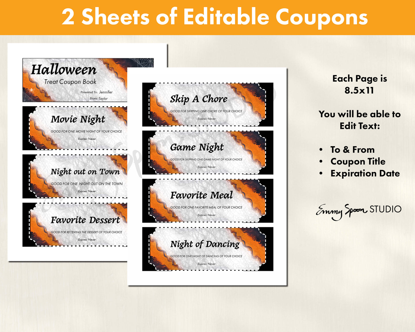 2 Sheets of Editable Coupons. Each page is 8.5x11. You will be able to edit text: to & from, coupon title, expiration date by Emmy Spoon