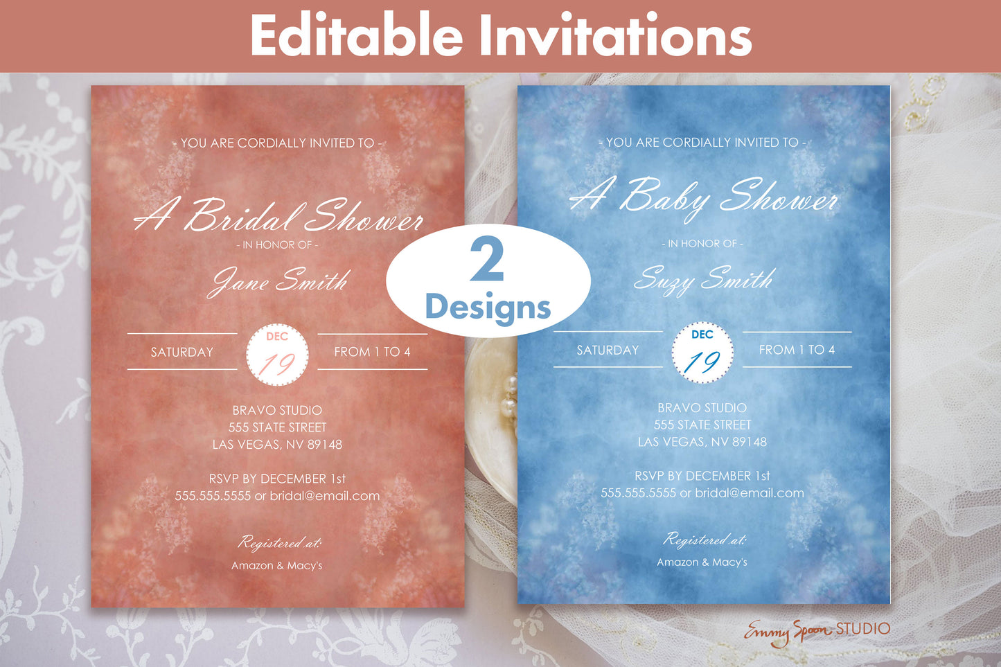 Editable Invitations. You can customize these by swapping out text in Adobe Acrobat Reader. This shows two designs of a Bridal Shower and a Baby Shower invitation by Emmy Spoon Studio